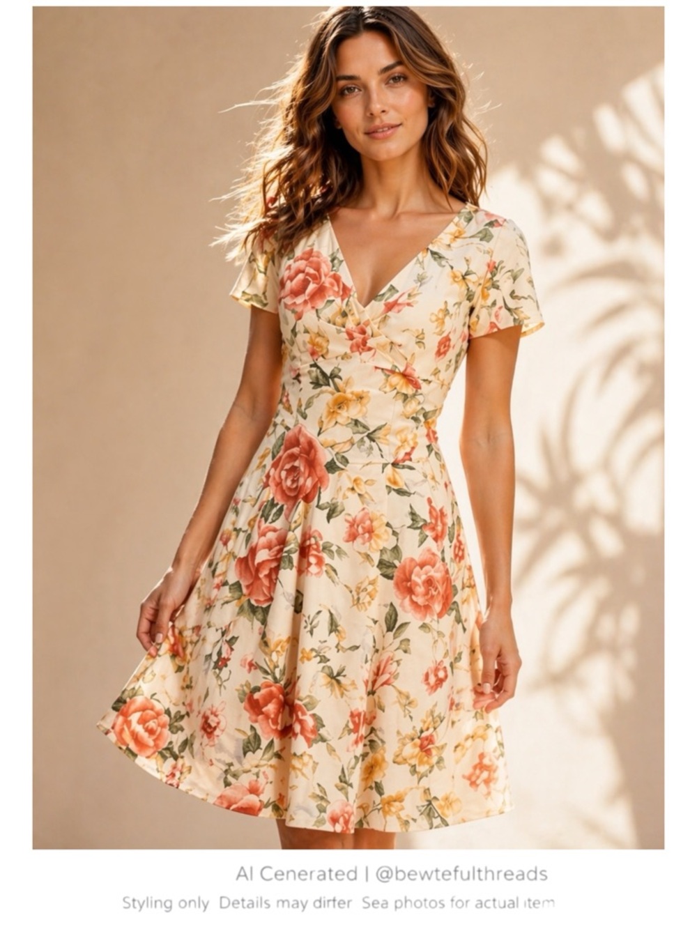 Romantic Garden Party Floral Dress L Fit & Flare Cream Wedding Guest